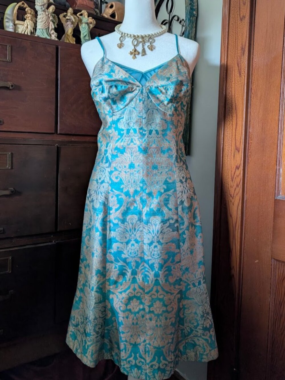 y2k fairycore 100% silk full bust dress blue and gold